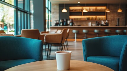 Obraz premium A cozy coffee shop interior featuring modern chairs and a coffee cup on a wooden table, providing a tranquil atmosphere.