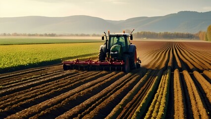 Fototapeta premium On a crisp autumn day, a farmer skillfully navigates a tractor through a large field, preparing the soil for upcoming crops under a clear blue sky.