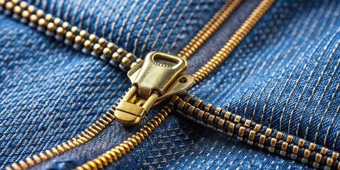 A Close Up of a Gold Zipper on Blue Denim Fabric