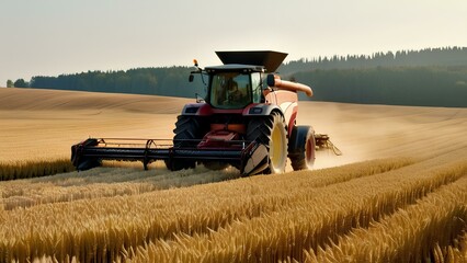 Fototapeta premium A farmer guides machinery through a vast golden field during autumn, gathering the season's harvest under a bright, clear sky.