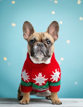 Cute French Bulldog wearing knitted Christmas sweater background. Ugly Christmas Sweater Jumper Day concept.