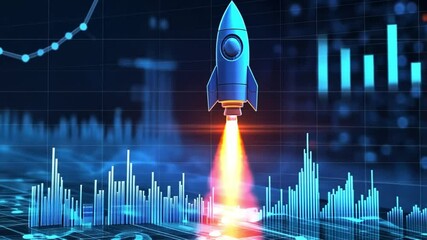 flying rocket, modern technology, blue, Rocket and bar graph on blue background, finance and business concept, footage, 4k footage, videos, video clip, slow motion, video wallpaper, animation, 4k