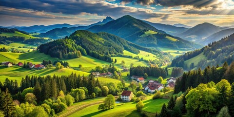 Fototapeta premium A peaceful scene in the Black Forest of Germany, where verdant foliage meets awe-inspiring mountain views, inviting a serene connection with nature's splendor.