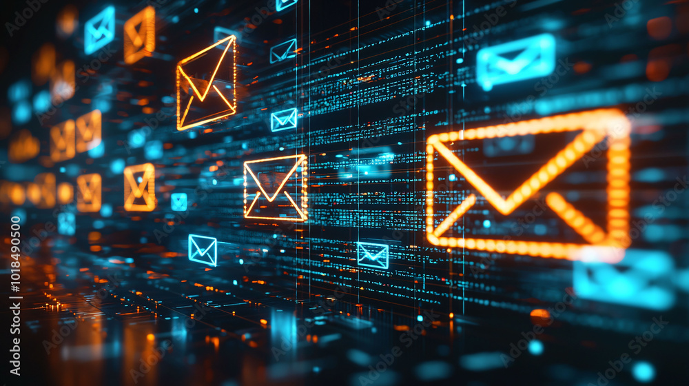 Poster digital representation of emails with glowing icons and data streams, showcasing concept of communic