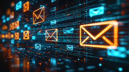 Digital representation of emails with glowing icons and data streams, showcasing concept of communication and technology. vibrant colors create dynamic and engaging visual experience
