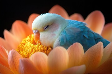 Serene parakeet resting on a vibrant lotus flower