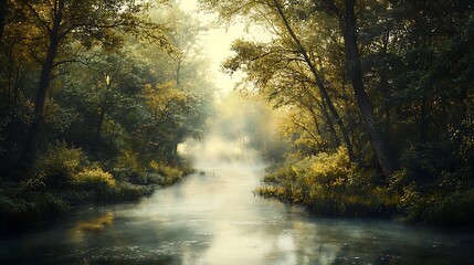Obraz premium A misty river flows through a lush green forest.