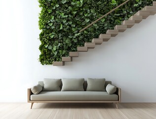 A modern entry with an open staircase, sleek lighting, and a contemporary bench.