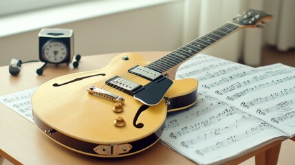 Naklejka premium Elegant Guitar on a Music Sheet with Vintage Clock
