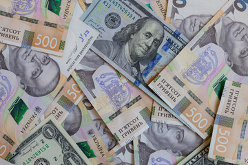 dollar and  500 hryvnyas banknotes background