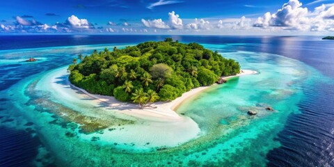 Obraz premium Aerial view of lush tropical island with crystal clear waters and white sandy beaches, tropical, island, aerial view