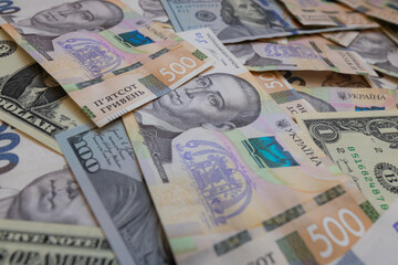 dollar and  500 hryvnyas banknotes background
