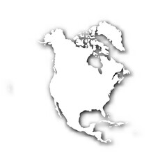Silhouette map of North America continent. White vector map with dropped shadow on light gray background.
