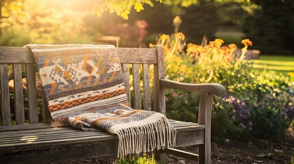 A cozy wooden bench with a patterned blanket in a sunlit garden surrounded by vibrant flowers.