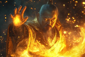 A powerful sorcerer casts a fiery spell, surrounded by flames.