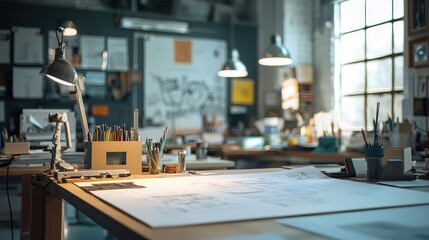 Obraz premium A creative workspace filled with art supplies, sketches, and a warm ambiance, perfect for artists and designers to inspire creativity.