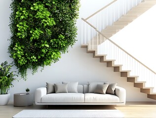Realistic photograph of a living room with vertical garden and white walls.