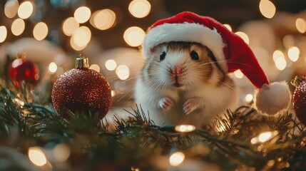 Obraz premium A cute guinea pig wearing a Santa hat, surrounded by festive ornaments and twinkling lights, perfect for holiday themes.