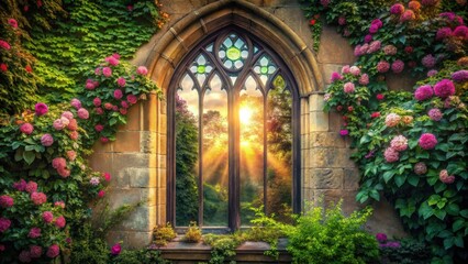 A stone archway framed by vibrant flowers reveals a view of a sunlit forest through a gothic window.