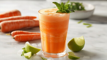 Fototapeta premium A refreshing and healthy glass of carrot juice with a pinch of turmeric, lime, and mint leaves on the side. Carrots in the background on a dark wooden tabletop