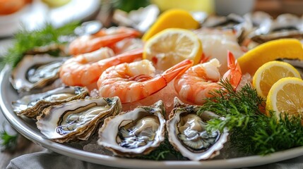 A delicious seafood platter featuring fresh shrimp and oysters with lemon and garnish, perfect for a gourmet meal.
