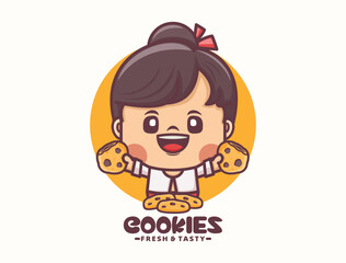 female cartoon mascot design with cookies. food logo template