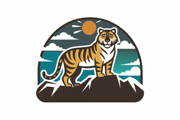 A t shirt design, tiger with mountain and sun in background vector illustration