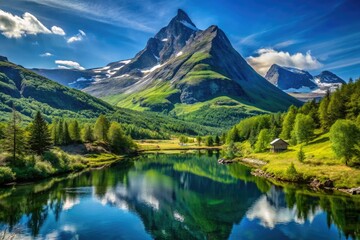 Fototapeta premium A spectacular view of Norway's tallest mountain dominates the landscape, embraced by verdant valleys and a brilliant blue sky, highlighting nature's captivating splendor and serenity.