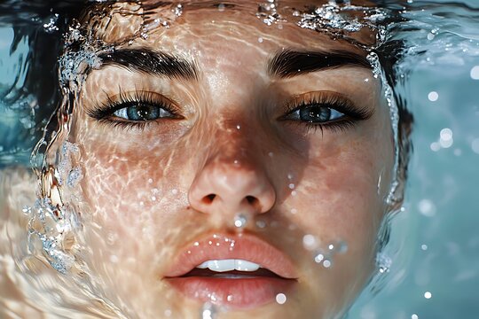 Close-up of a woman's face underwater, with water droplets and bubbles surrounding her.