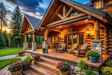 Fototapeta premium Explore log home front porch ideas that create a cozy outdoor living space, merging rustic aesthetics with comfort for an inviting and picturesque retreat.