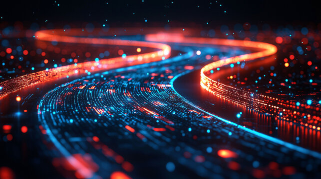 vibrant digital landscape featuring flowing river of light, showcasing blend of blue and red particles that create mesmerizing effect. This image symbolizes journey of digital transformation