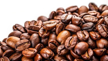 Naklejka premium Closeup of roasted coffee beans on a white background, coffee, beans, roasted, closeup, macro, texture, caffeine, drink, morning