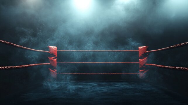 intense boxing ring awaits fighters as glowing spotlights illuminate the space. The low key lighting and drifting smoke create a suspenseful atmosphere perfect for Fight Night.