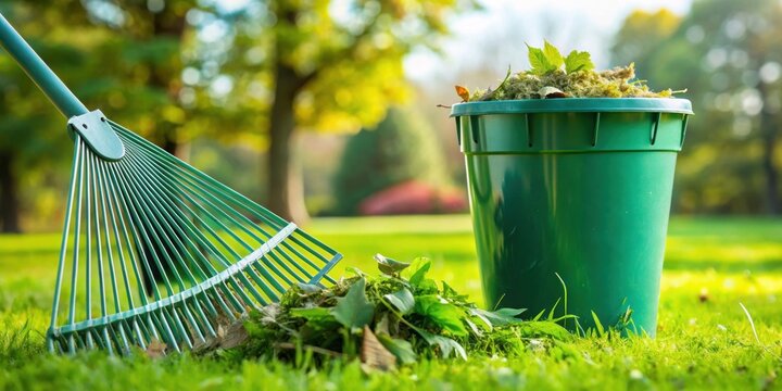 Closeup of a rake on freshly cut grass next to a green waste bin , rake, handle, tool, grass, lawn, garden, green