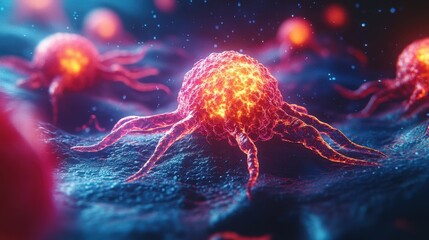 Illustration of cancer cell spread. Bright cell structure in abstract environment.