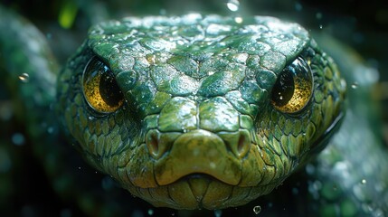Close-up of a vibrant green snake underwater