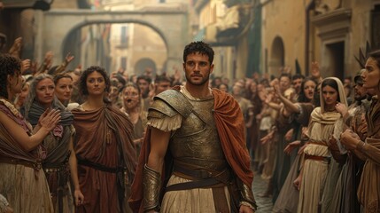 Naklejka premium A dramatic scene set in an ancient city, showcasing a hero surrounded by a crowd during a cultural event.