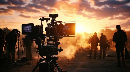 Fototapeta premium Behind-the-scene shot of filmmakers on set, glimpse of a professional video camera filming cinema