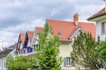A perfect neighborhood. Houses in suburb at Spring in the Zurich, Switzerland.