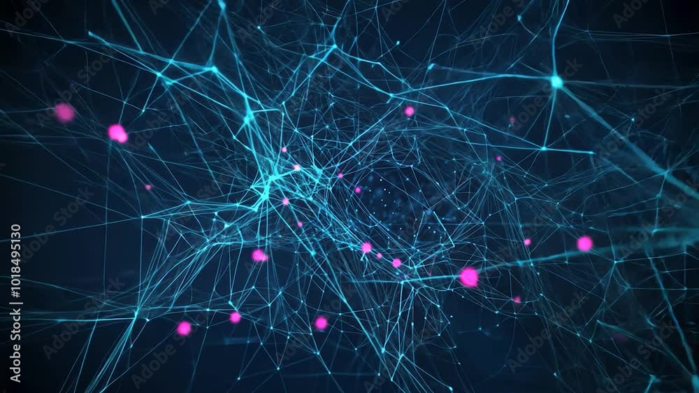 Poster complex network forms with nodes and lines slowly moving against a blue background. the design conve