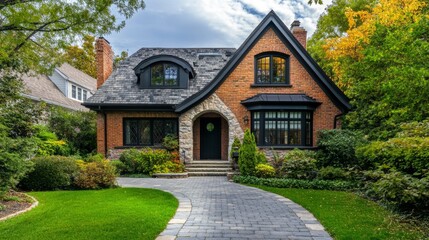 Brick and Stone Cottage with Cobblestone Path and Lush Greenery