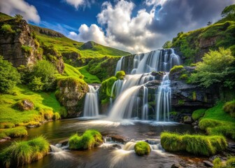 Fototapeta premium A stunning waterfall tumbles through lush foliage, creating a calming atmosphere in a peaceful natural setting, where beauty and tranquility harmoniously intertwine.