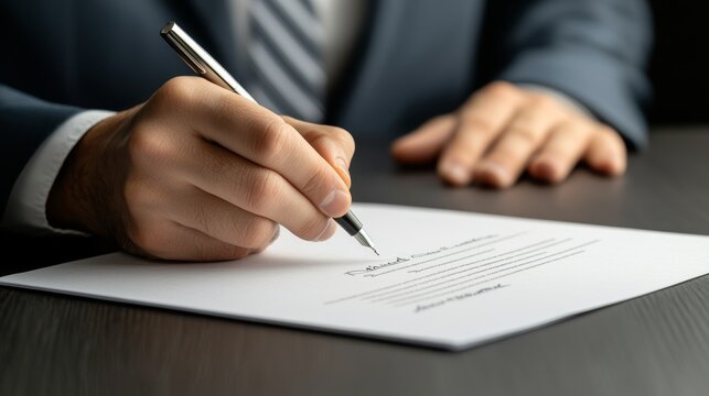 Close-up of businessperson s hand signing a document with a pen, dark wooden desk, sharp focus on signature, professional business agreement concept