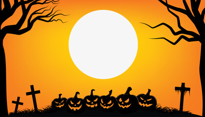 Happy Halloween theme with full Moon and evil pumpkins on graveyard. Vector illustrations for background.