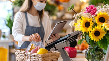 A florist wearing a mask while arranging a customer's purchase at the register, surrounded by vibrant flowers.