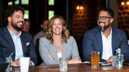 A group of diverse business professionals laughing and enjoying a meeting at a modern restaurant.