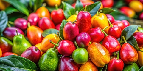 Fresh miracle fruits presented in a colorful array, displaying their unique shapes in a picturesque natural setting, creating an alluring visual feast.