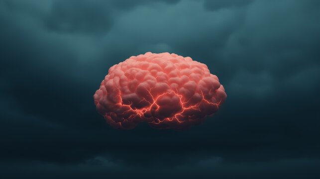 A striking image of a human brain with red electric patterns against a stormy dark background, symbolizing neural activity or mental power.