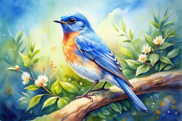 Obraz premium A tranquil watercolor features a bird nestled in calm blue shades, with delicate brush strokes evoking a sense of serenity and peace on paper.