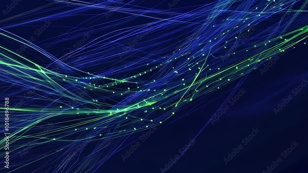 Poster flowing green particles dance along blue strings against a black background, creating an abstract vi